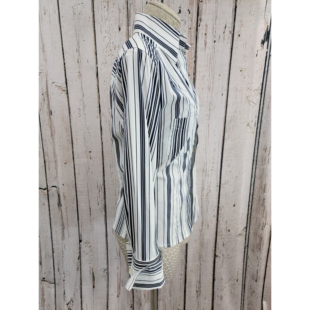 M‎ Siamo 12 Navy White Striped Ruffle Button Down Blouse Shirt Top Stretch EUC - Picture 8 of 12